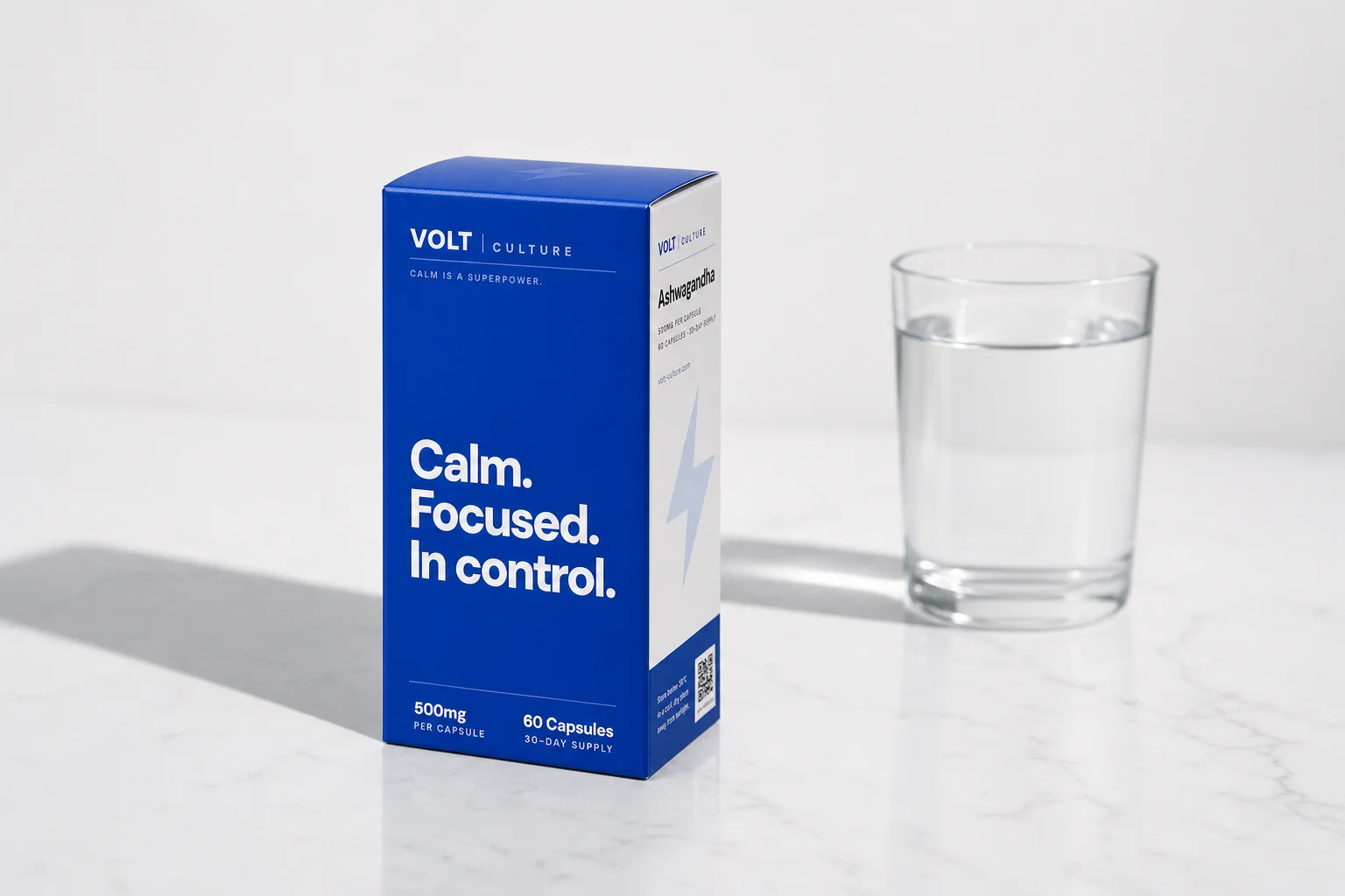 Volt Culture ashwagandha box with a glass of water — morning routine