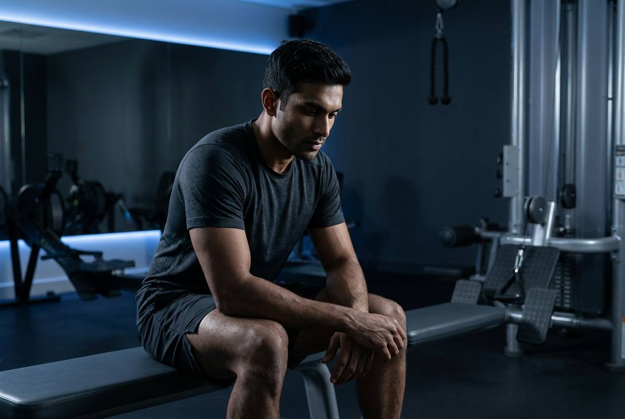 Athlete resting on gym bench during recovery, cobalt blue gym lighting