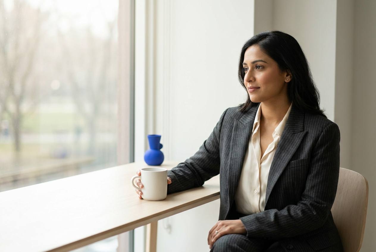 Woman at morning workspace, thoughtful expression, soft cobalt blue light