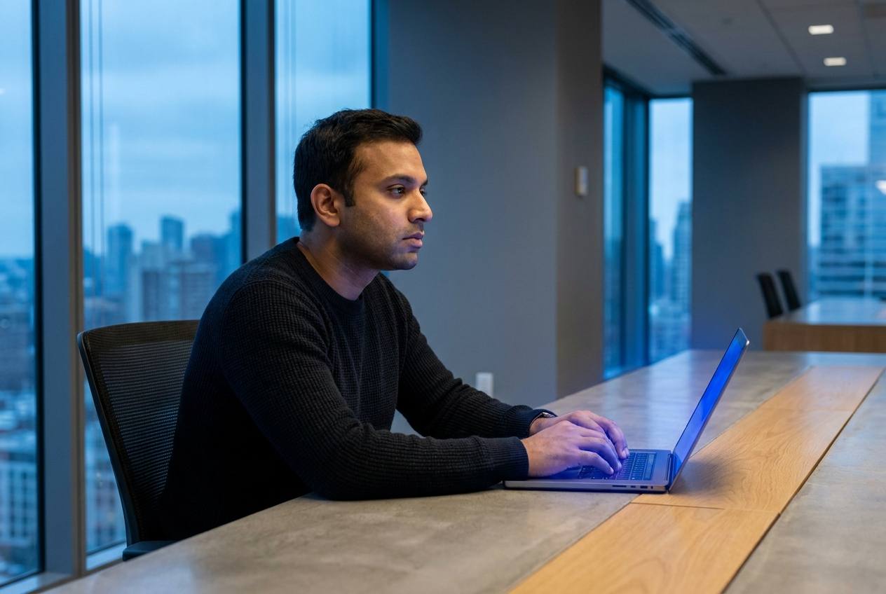 Professional at desk in afternoon light, city skyline visible behind