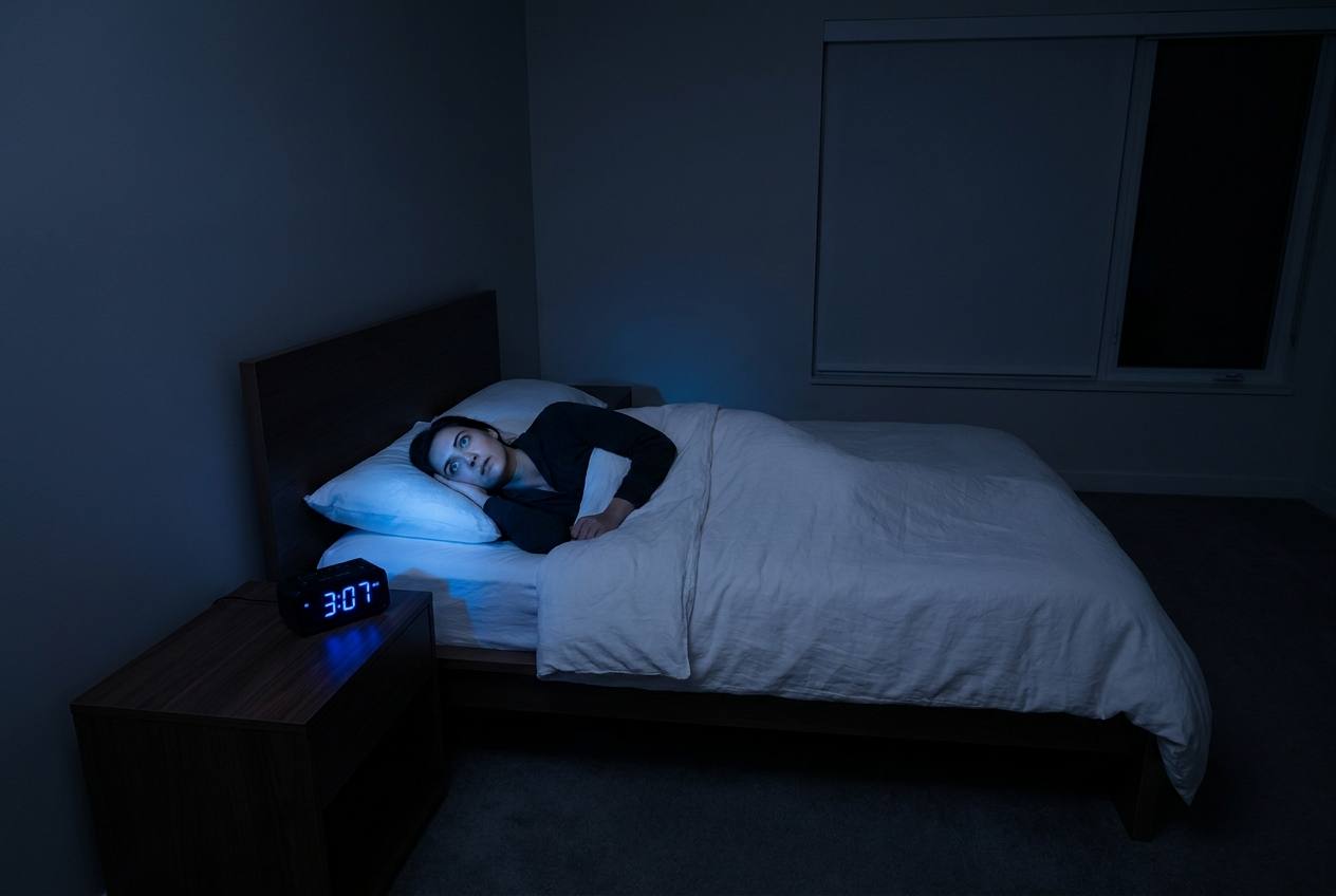 Dark bedroom at 3:07am, person lying awake, cobalt blue LED clock light