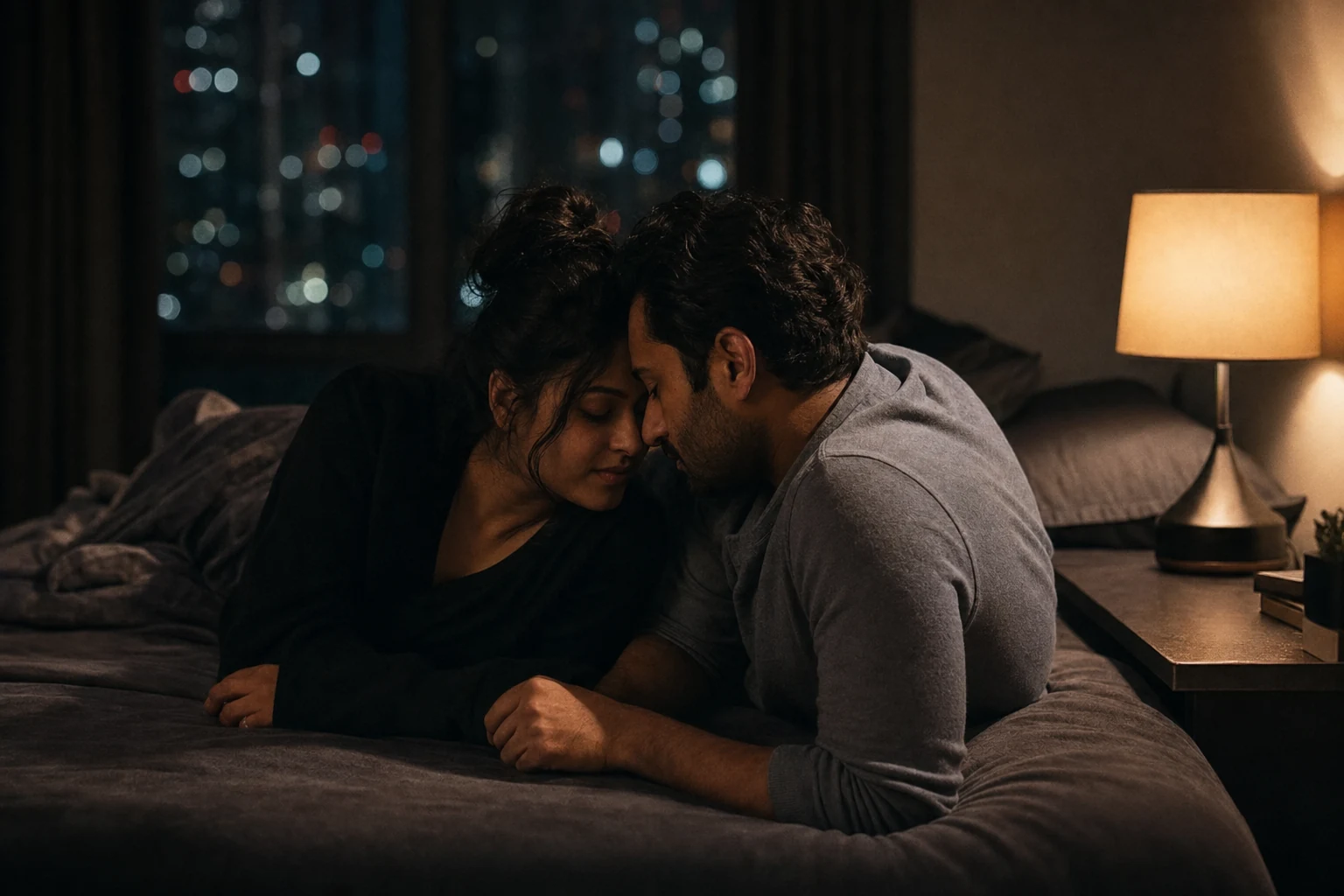 Person relaxed and grounded in a modern evening setting