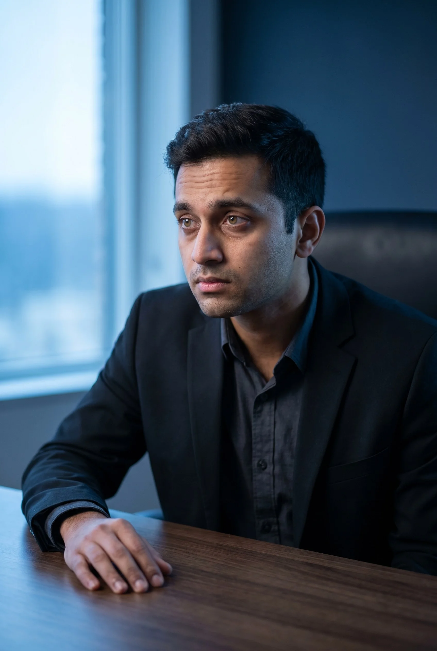 Sharp focused professional — calm, in control